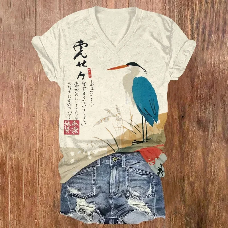 Japanese Art Rooster Print Short Sleeved V-neck T-shirt Summer Women's T Shirts view 3