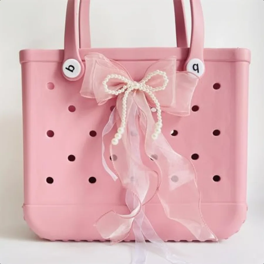 Подвески с розовой пряжей и жемчугом и бантом для сумки Bogg, аксессуары, резиновая пляжная сумка, подвески в стиле бохо, 25