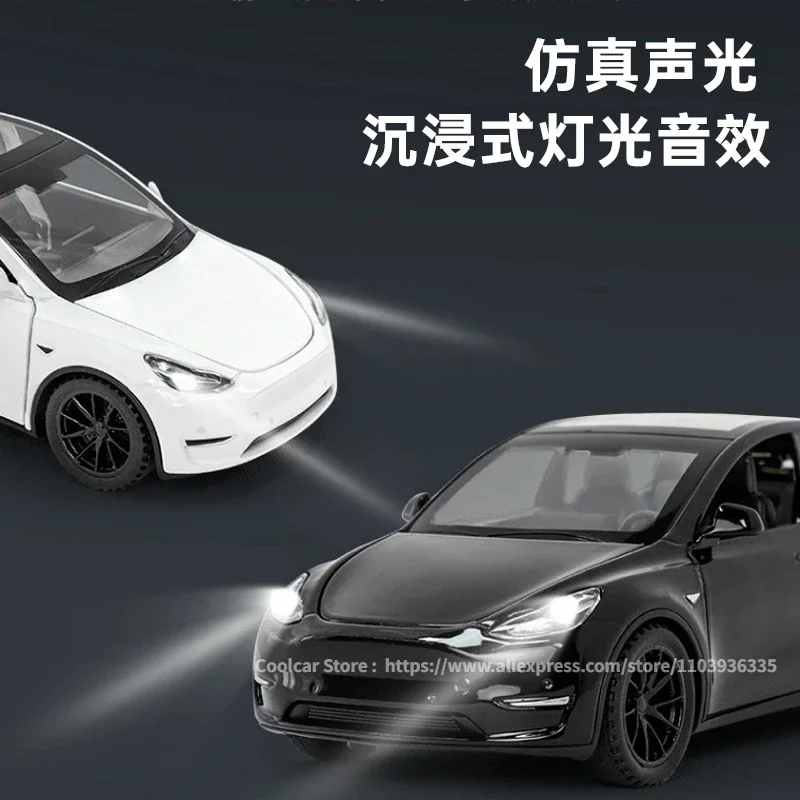 All 1:24 TESLA MODEL Y Model 3 With Charging Pile Alloy Diecast Metal Toy Car Model Sound and Light Childrens Collectibles Gift