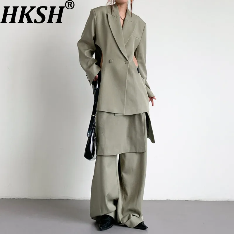 HKSH ربيع الخريف جديد المرأة السترة الجوف خارج الخصر مزدوجة الصدر سترة مثيرة وهمية قطعتين بلون سراويل تقليدية HK13507
