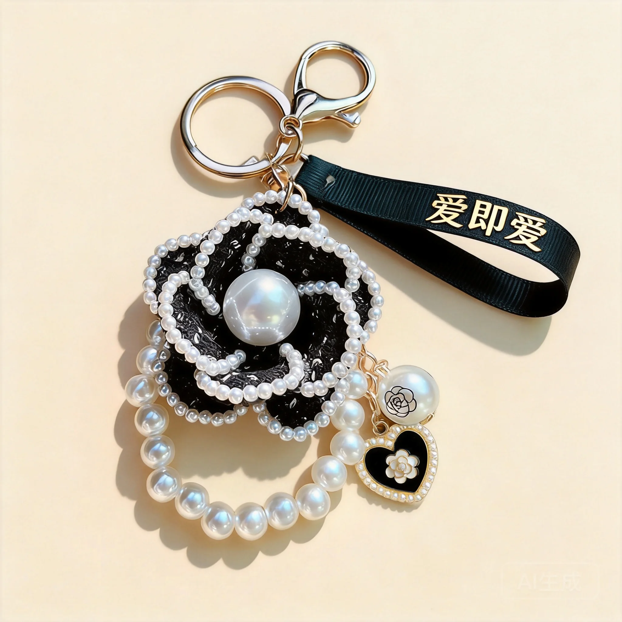 Elegant Faux Pearl Camellia Keychain Lucky Blessing Heart Charm Bag Pendant Wrist Strap Key Ring Decor For Women Girls Nice Gift