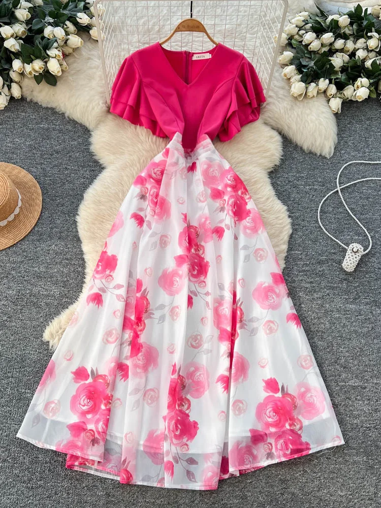 

Летнее французское платье с V-образным вырезом, рукавами-рюшами и принтом в стиле пэчворк для женщин, новое модное платье контрастных цветов длиной до талии S538