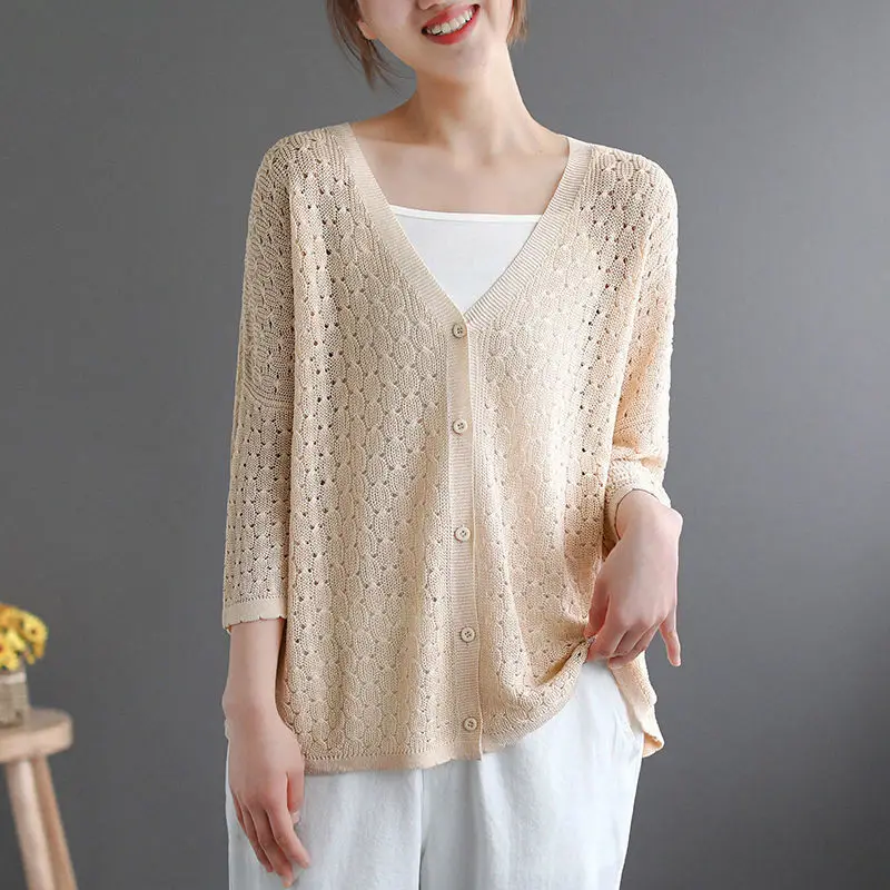Loose Thin Ice Silk Open Cardigan Women's Summer Faion Outerwear V-Ne Versatile Large Size Knitted irt Breathable Sun P...