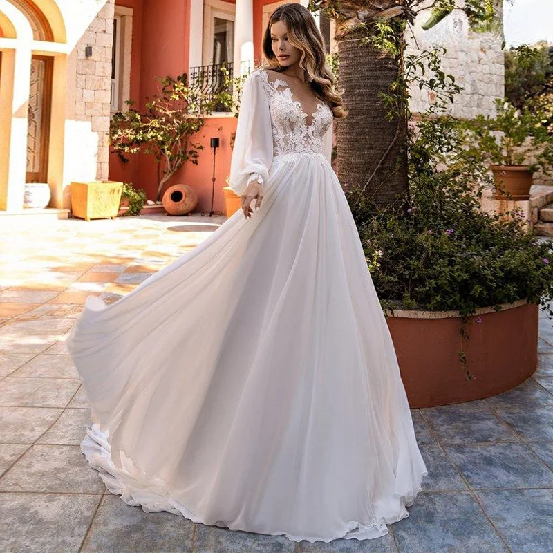 Sevintage Chiffon maniche lunghe a sbuffo abito da sposa Boho Appliques pizzo spiaggia abiti da sposa o-collo corte treno abito da sposa