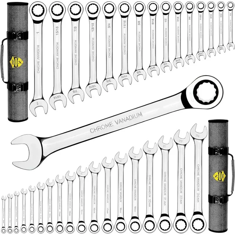 TOOLGUARDS Complete Ratcheting Wrench Set 33pcs -metric and standard - 100% Lifetime Satisfaction Guarantee - Large