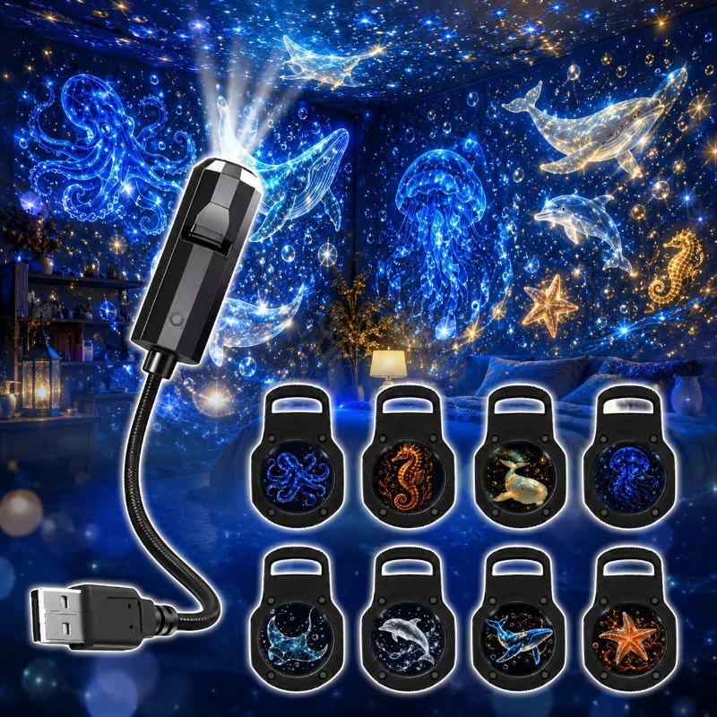 360 Degree Rotating Dreamy Starry Sky Projector USB Powered Flexible Neck Replacement Lamp Strip Interchangeable Slides
