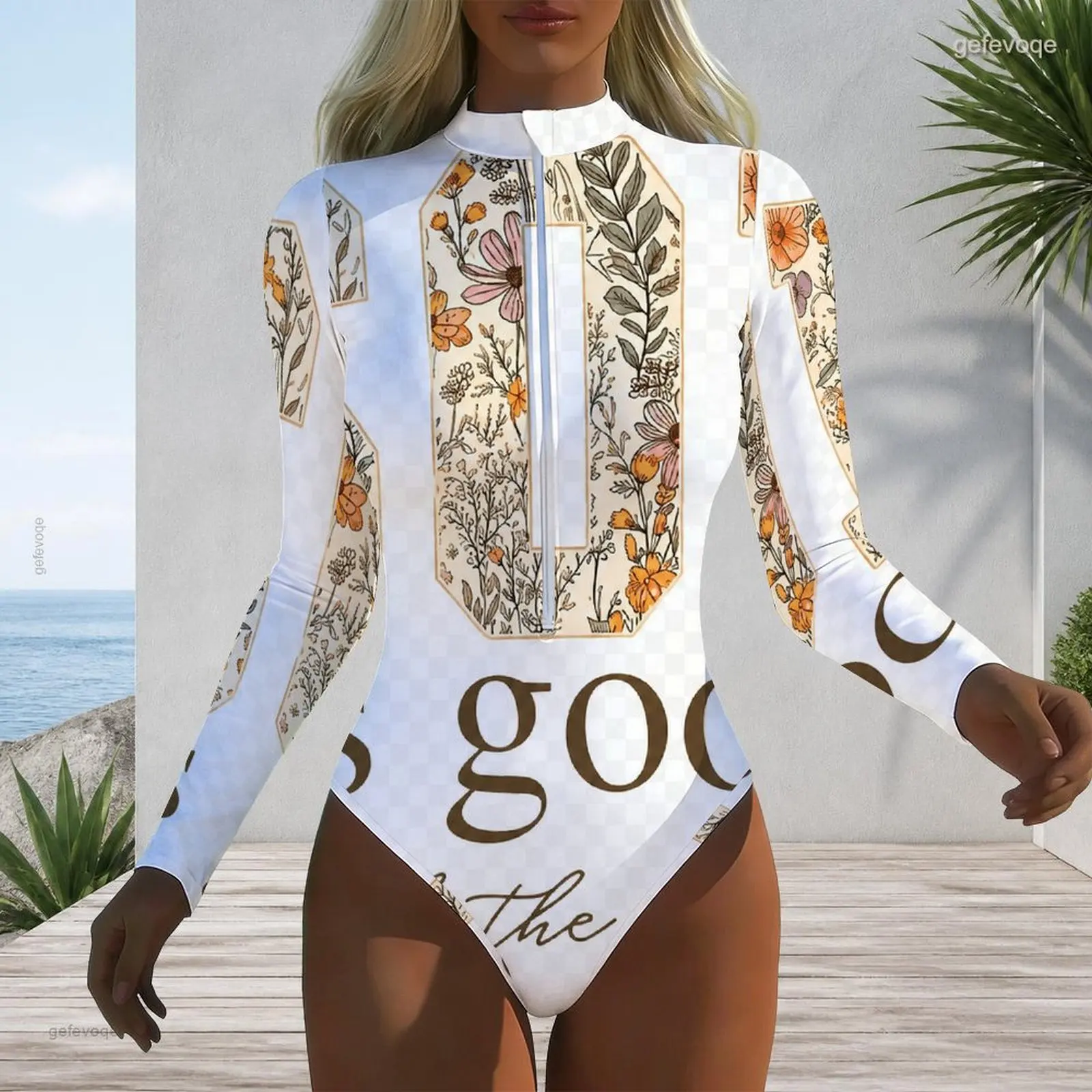 Printed Swimsuit for Women High Neck Front Zip Long Sleeve One Piece