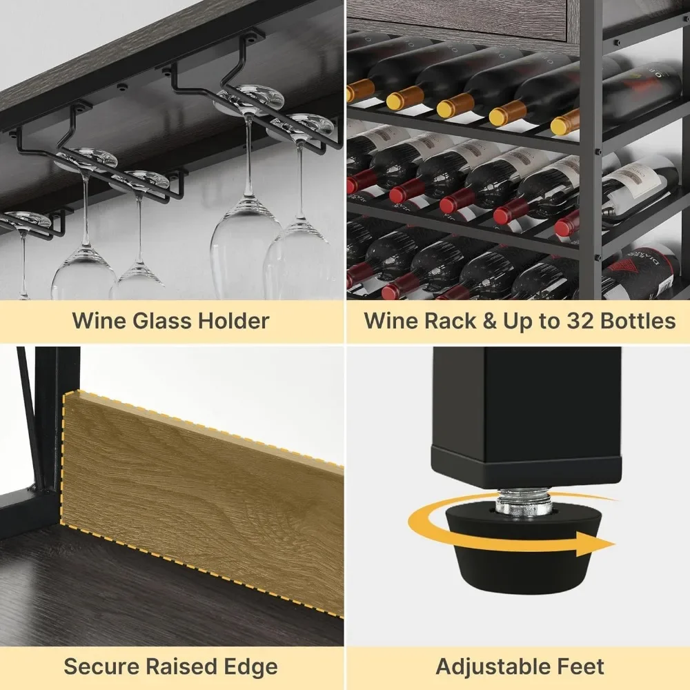 Imagem -05 - Grande Wine Rack Gabinete para Copos de Licor Coffee Bar com Luzes Led Porta Prateleiras e Gavetas Casa e Cozinha 47 in