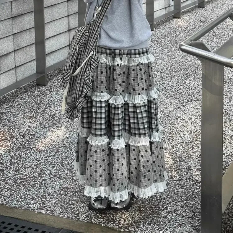 Elegant Retro Plaid Wave Point Skirts Lace Patchwork Ruffles A-line Skirt for Women Harajuku All-match Falda Sexy Mujer