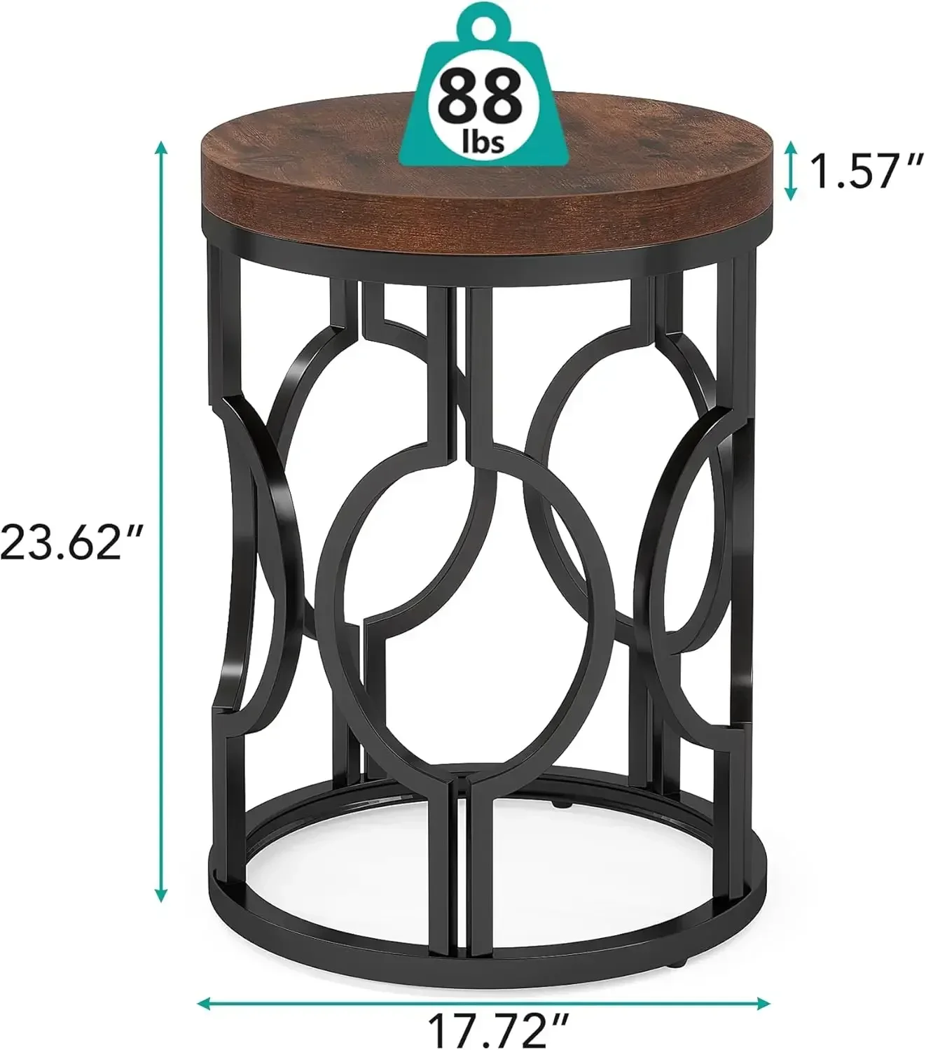 Round End Table, Industrial SideTable with Metal Hollow Frame, Small Bedside Table Nightstand for Living Room, Bedroom (1PC)