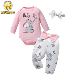 Cute Newborn infant Baby Girl Clothes Set Long Sleeve Romper Top Elephants Printed Pants with Hairband Spring 3PCS Outfit