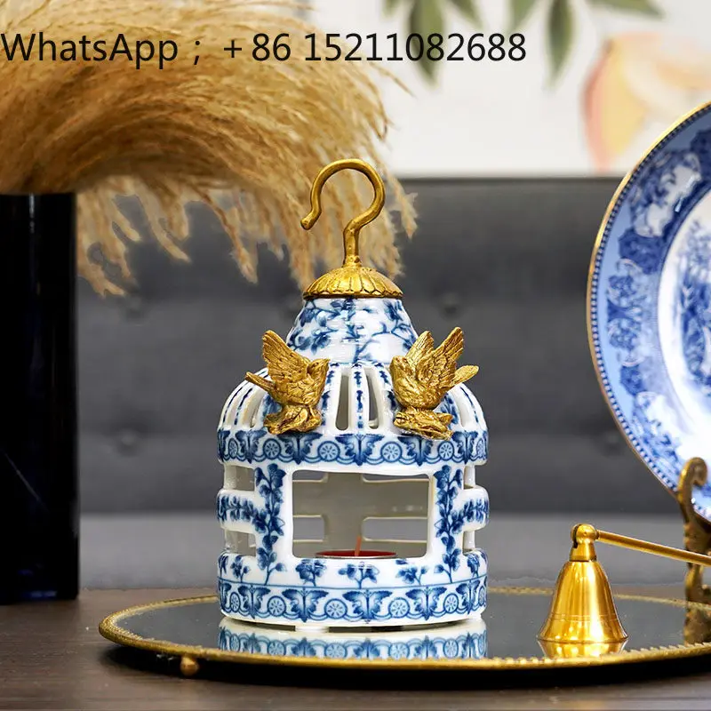 LLY blue and white ceramics handmade brass bird cage shape home decoration candlestick ornament wax table ornament export