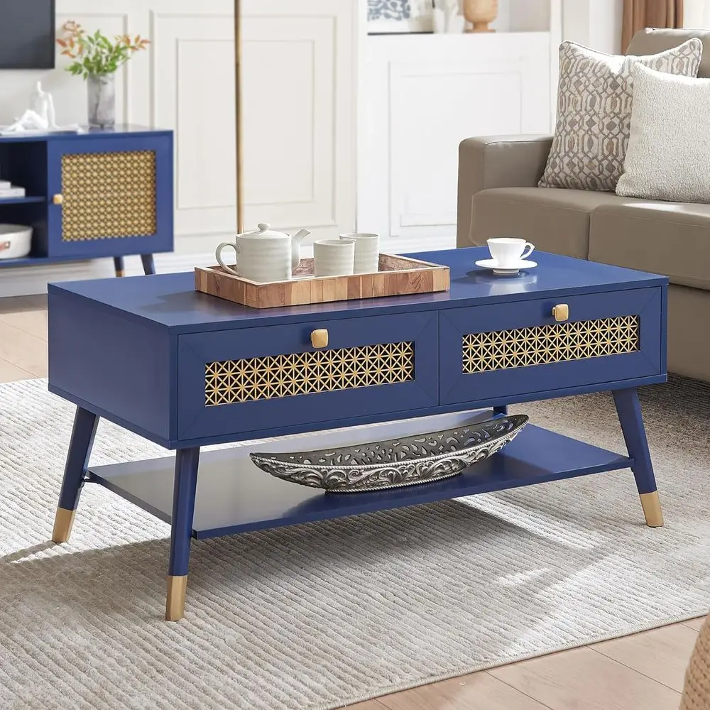 

JYED Century Wood ern Coee Table with Metal Mesh Decorated Storage Ders,Blue Accent Center Table with Open Shel,Recular Table or