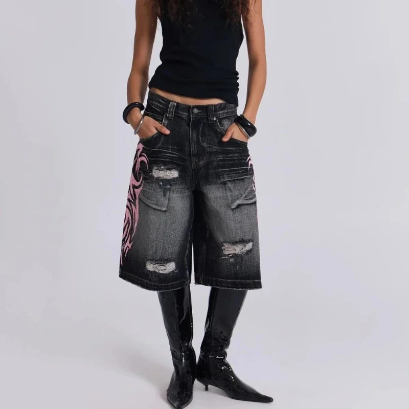 

Deeptown Gothic Graphic Print Women Short Jeans Y2k Hole Vintage Harajuku Wash American Straight Jorts Baggy Hip Hop Streetwear