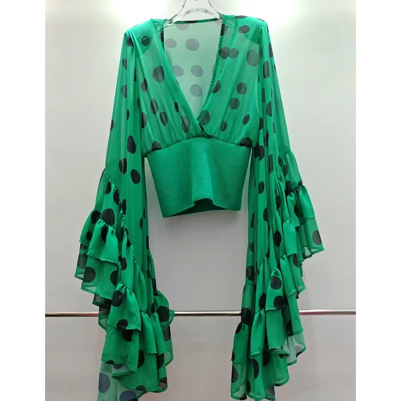 

European Style Design Ruffled Chiffon Blouse Summer New Tie Top For Women