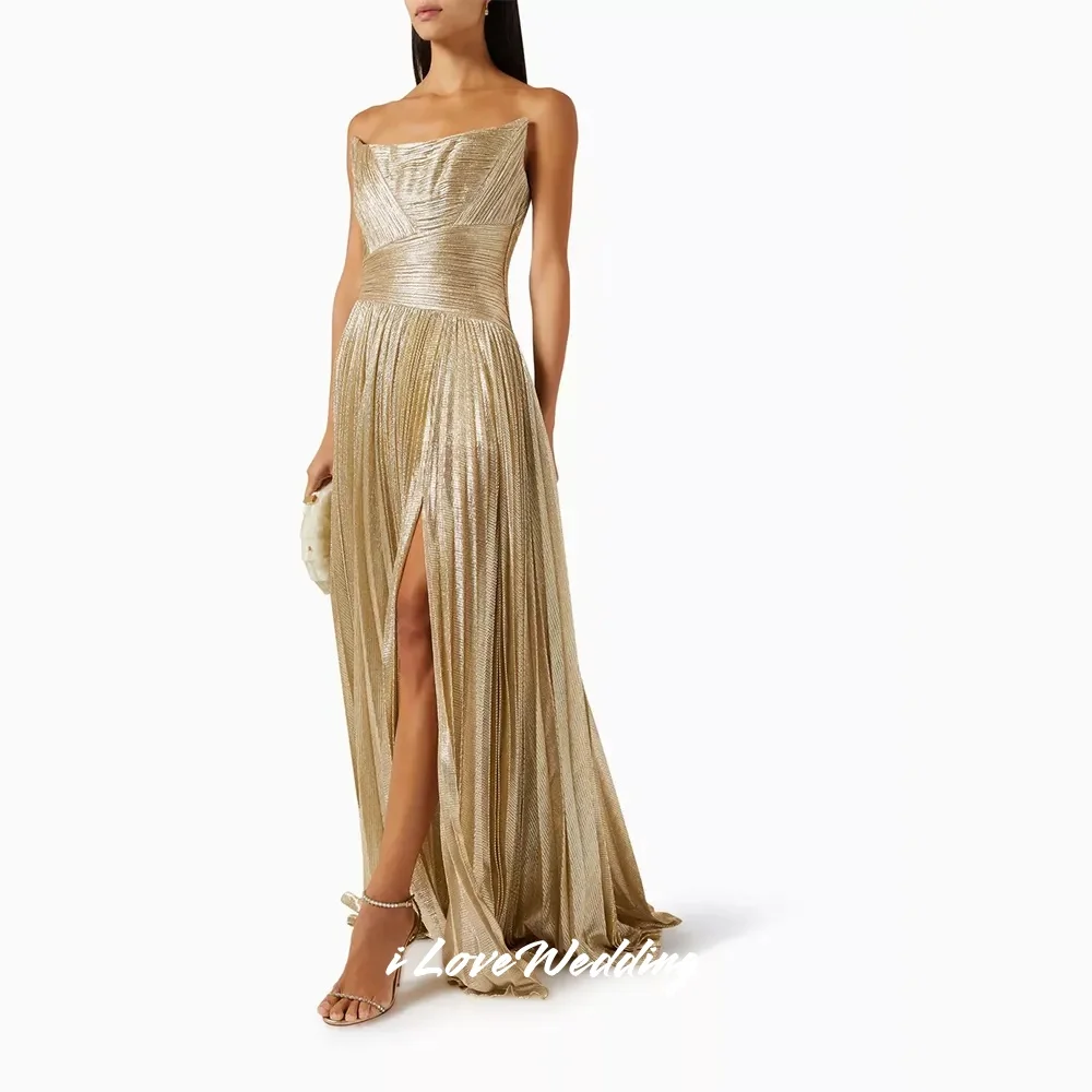 Vestidos de noche dorados sin tirantes 2025, sin mangas, corte en A, sin espalda, vestido de noche con abertura lateral, vestidos de fiesta de boda plisados personalizados