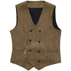 V Neck Men's Suit Vests Herringbone Wool Tweed Double Breasted Waistcoat Tuxedo Groomsmen For Wedding Groom One Piece Vest