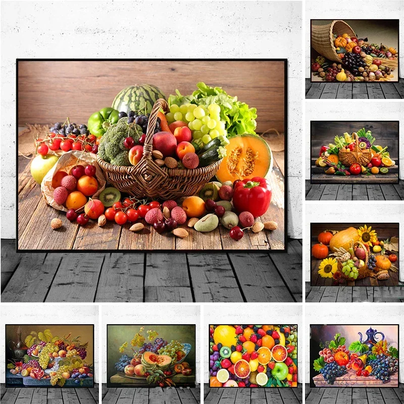 Colorful Nordic Vegetables and Fruits in Basket Canvas Poster Vibrant Food Wall Art for Dining Room and Kitchen Decor