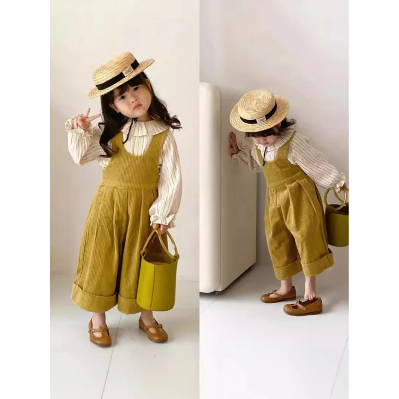 

Hnq-Girls Suit Autumn Clothing New Striped Shirt+Corduroy Wide-Leg Overalls2Set Children One Piece Dropshipping