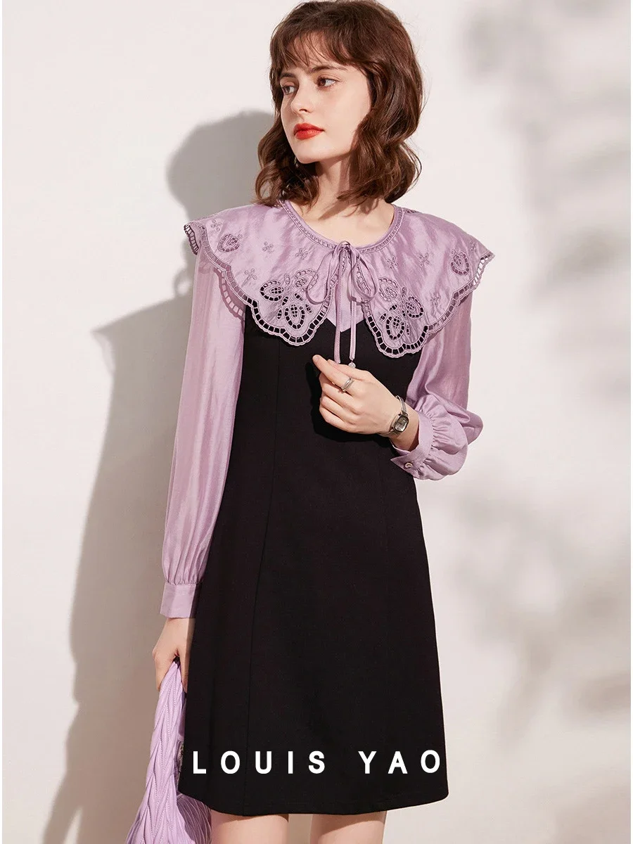 LOUIS YAO Women Dress Hollow Out Embroidered Round Neck Big Collar Long Sleeve Slim Fit A-line Elegant Mid Length Dress