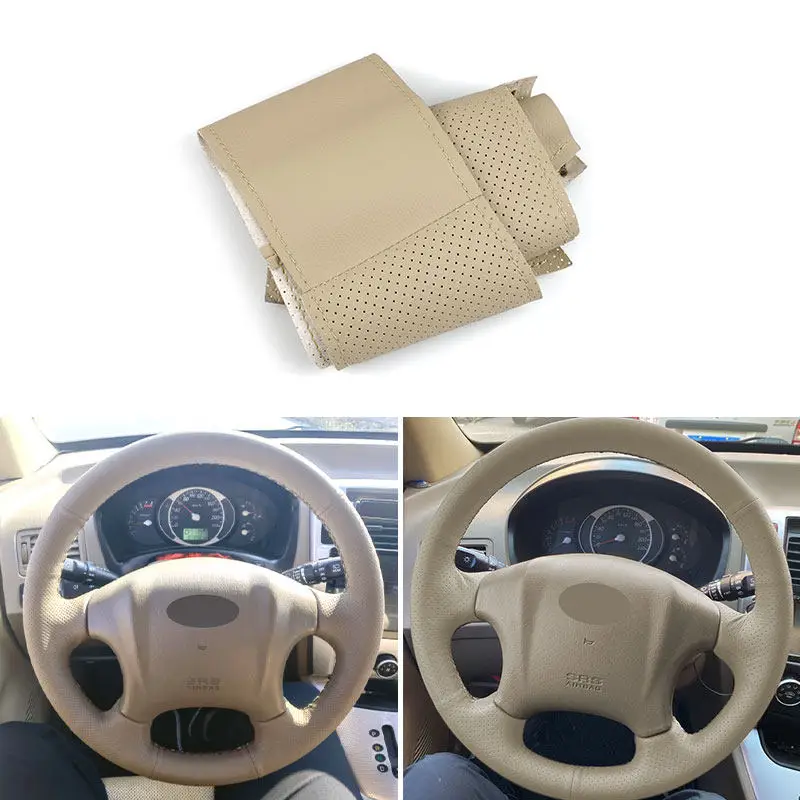 Beige Hand Braid Car-styling Steering Wheel Cover Leather Trim For Hyundai Tucson 2006 2007 2008 2009 2010 2011 2012 2013 2014