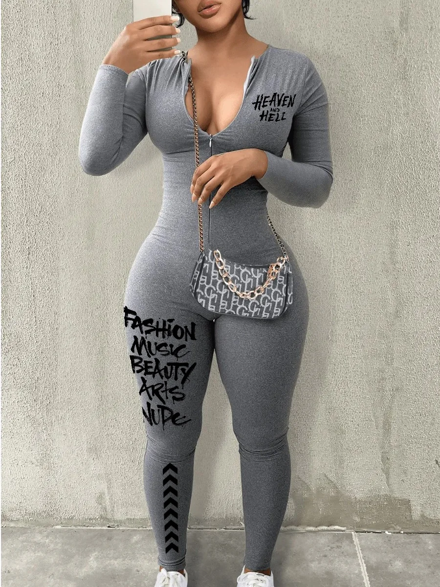 LW Letter Print Long Sleeve Bodycon Jumpsuit 1 Piece Front Zipper Up Grey Skinny Romper Sporty Streetwear Casual Jumpsuit