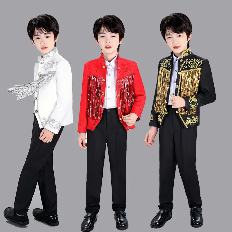 Boys Sequenant Flash Embroidery Paino Host Performance Dress Kids Stage Show Photography Suit Children's Jacket Pants 2pcs Set