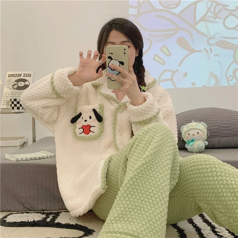 New Women's Winter Cartoon Cardigan Long-sleeved Pajamas Women's Warm Fleece Coral Fleece Loungewear Set Cartoon Cotton Pajamas