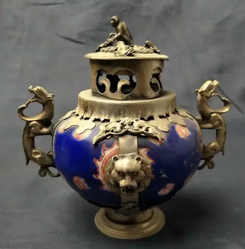 Chinese Porcelain Tibet Silver Handwork Monkey Lid Incense Burner