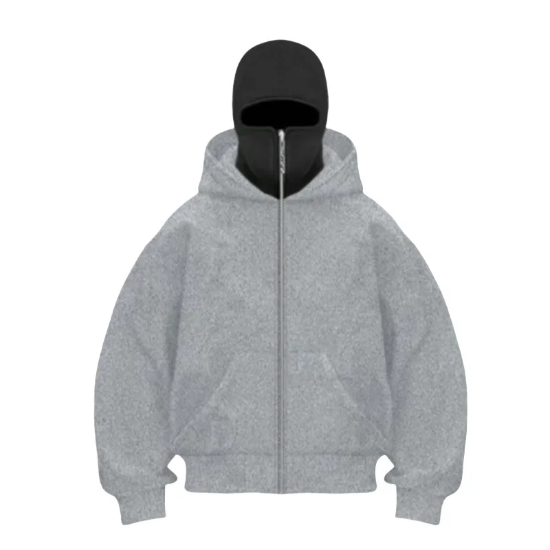 Y2K Hooded Face Mask Zipper Design Sports Jacket Balaclava Men Zip Hoodie Warm Casual Jacket Sweatshirt Outdoor Coat Clothing
