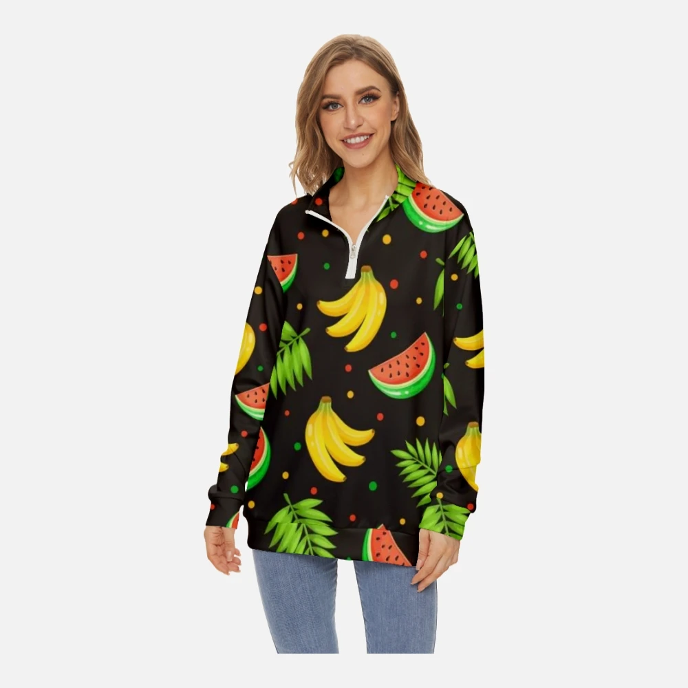 Women Hawaii Fruit Printing Fashion Sweatshirt Long-sleeved Half Stand Collar Zip Crew Neck Sweatshirt Spring Long Sleeve