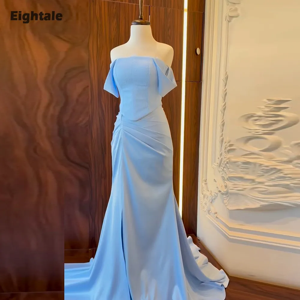 

Eightale Blue Evening Dress Strapless off the Shoulder Customized Floor Length Satin Lace Mermaid Prom Wedding Party Gowns