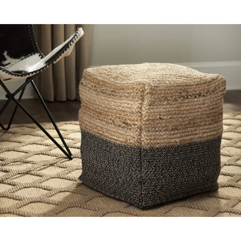 

Ottomans Farmhouse Pouf 17.5 x 20.25, Stool Light Brown and Black Footstool