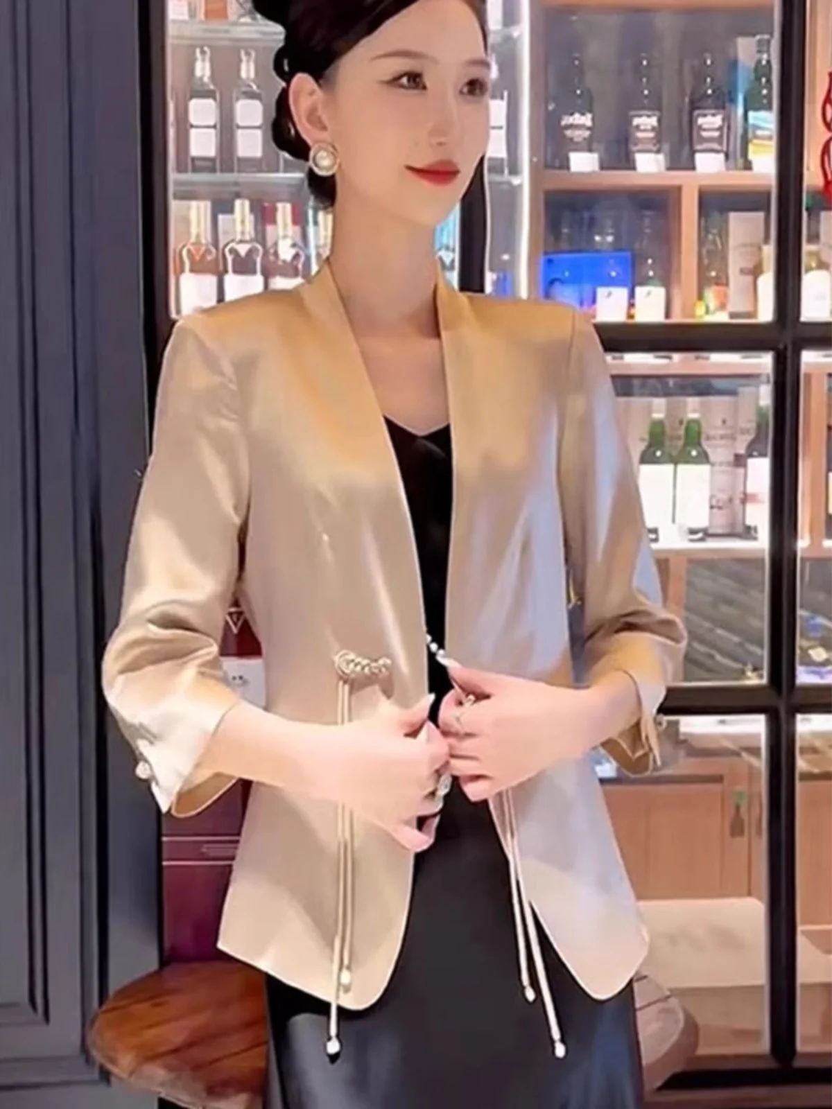 New Chinese Style Acetate Fashion Sleeveless Short Sleeve Suit Jacket Summer Match Strap Dress Outer Cardigan Coat Women's Cl...