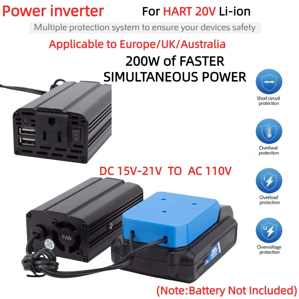 

200W Portable Power Inverter Outlet Adapter for HART 20V Lithium Ion ,DC 20V To AC 110V Powered with Dual USB 5V 2.4A