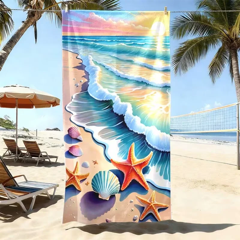 Sunset Beach Wave Starfish Seashell Print Beach Towel Quick Dry Sand Proof Absorbent Towel Summer Travel Yoga Holiday Blanket