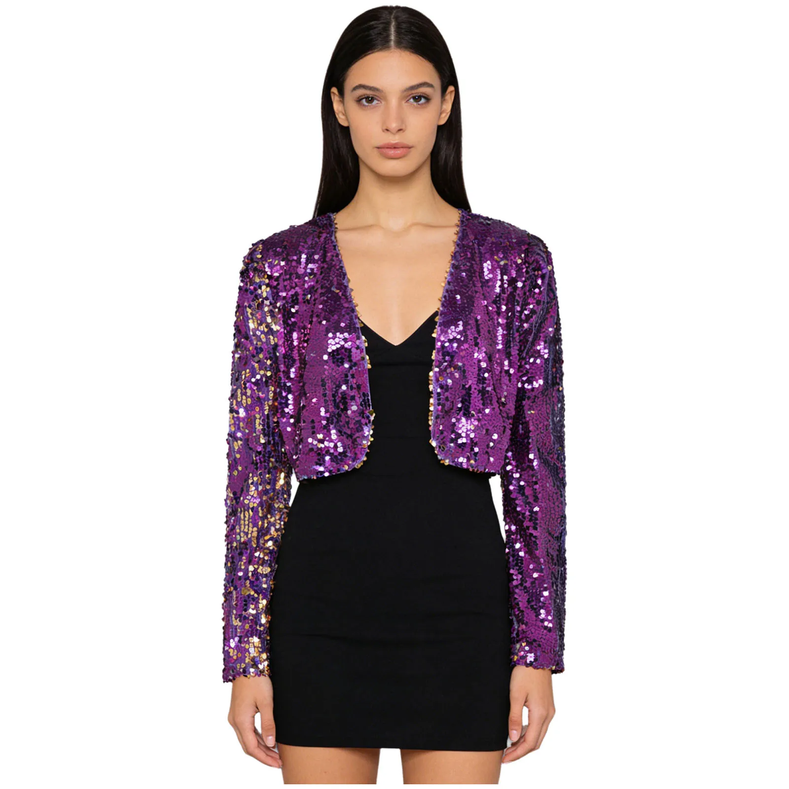 Womens Glittery Sequins Blazer Jackets Long Sleeve Full Lining Open Front Bolero Shrug Crop Coat for Wedding Party Cocktail Club