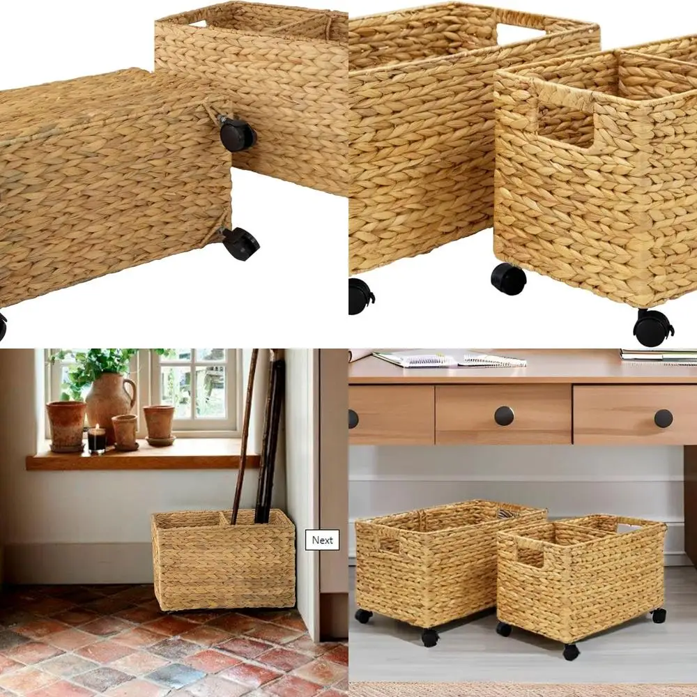 

Набор из 2-х роликовых корзин для хранения — натуральный гиацинт и морская трава с колесами, съемным перегородкой и ручками для стола, дома