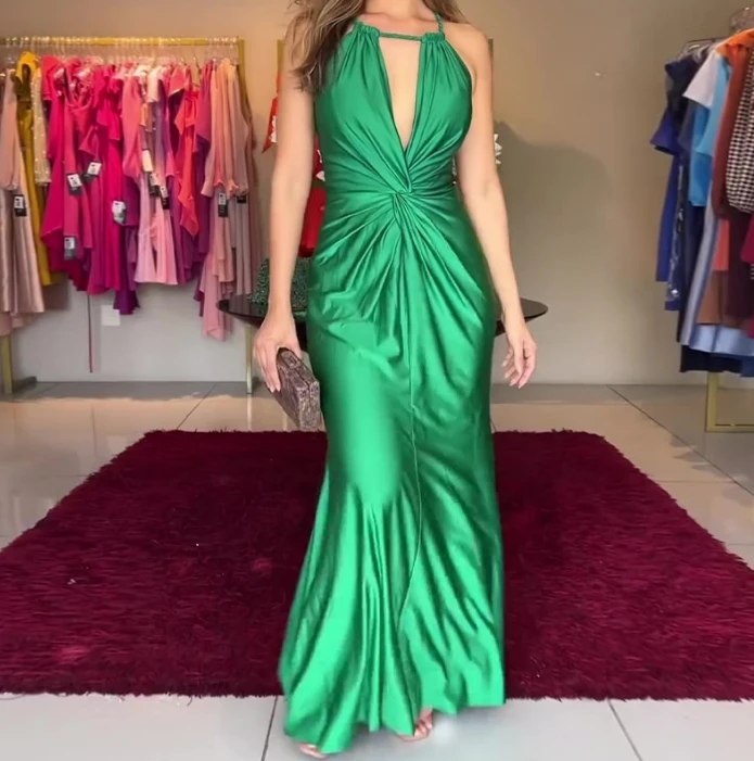 

Summer Solid Color Fashion Party Evening Dress for Women Elegant Hanging Neck Hollowed Out Pleated Design Temperament Maxi Dress