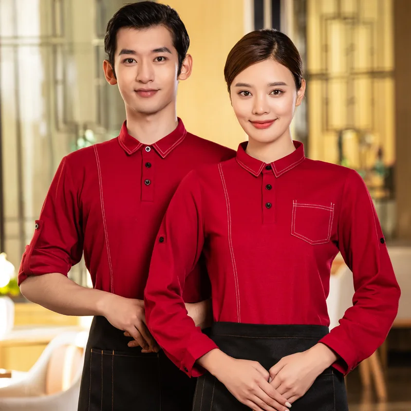 

Autumn Catering Work Clothes T-shirt Long Sleeve Hotel Milk Tea Shop Cafe Hot Pot Restaurant Waiter T-shirt Clothing