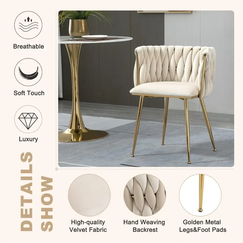 Modern Velvet Dining Chairs Weaving Accent Upholstered Side Chair with Golden Metal Legs european sillas comedor furnitures