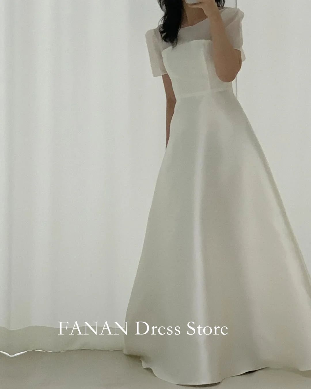 

FANAN Boat Neck Корейские простые свадебные платья трапециевидной формы 웨딩드레스 Атласные платья с короткими рукавами по индивидуальному заказу Красивые платья невесты размера плюс