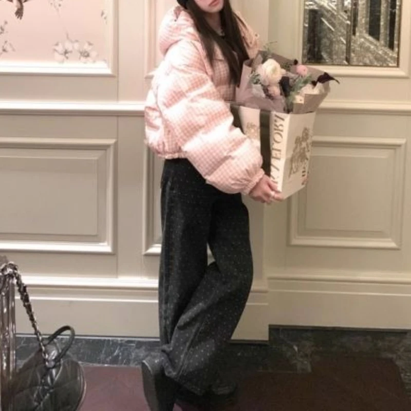 الشتاء أسفل الملابس القطنية المرأة الجديدة الوردي منقوشة فضفاضة صغيرة قصيرة مقنعين سترة #1