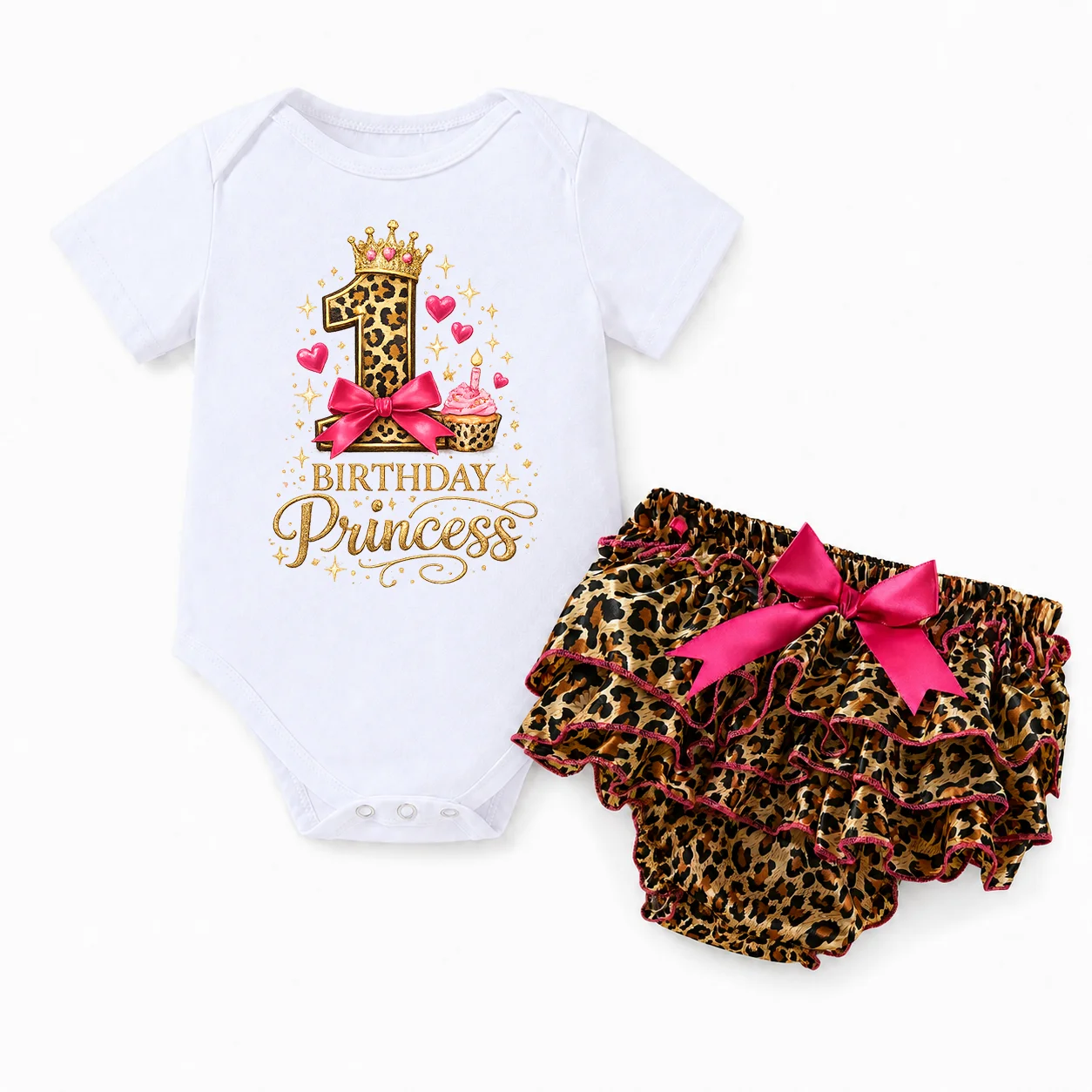 Baby Girls 1st Birthday Outfit Leopard Princess Short Sleeve Onesie Bloomers Set Toddler First Birthday Party Clothes