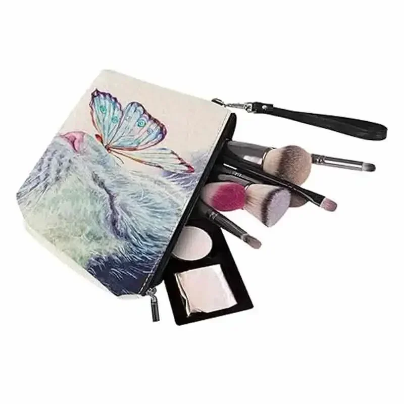 GCB02 Bolsa de cosméticos con besos de gato y mariposa para mujer, bolsa pequeña de cuero PU resistente al agua para maquillaje de viaje