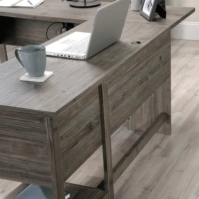 L-förmiger Schreibtisch mit braunem Finish für das Heimbüro, moderner Eckarbeitsplatz mit viel Stauraum, robustes und stilvolles Design für