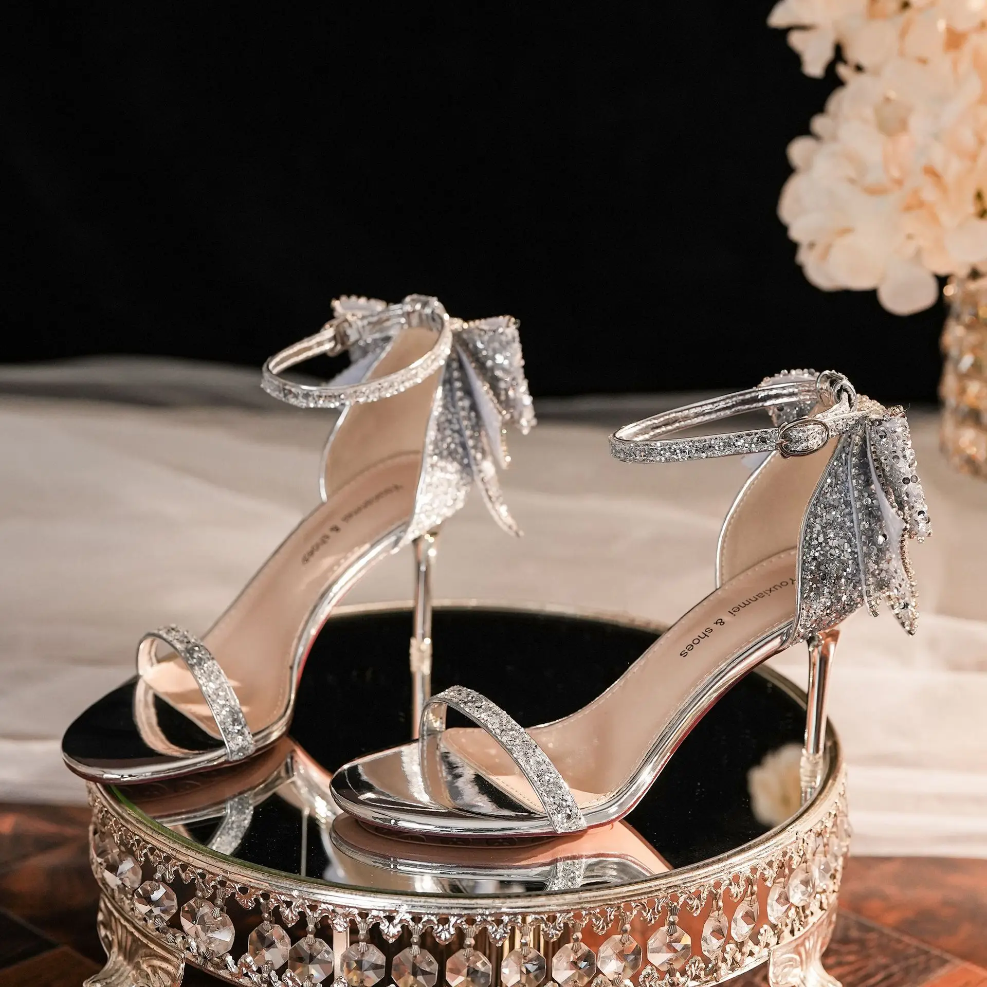 2024 Luxurious Rhinestone Bow Sequin High Heel Sandals Thin Heel Silver Champagne Banquet Wedding Shoes for Women Pumps