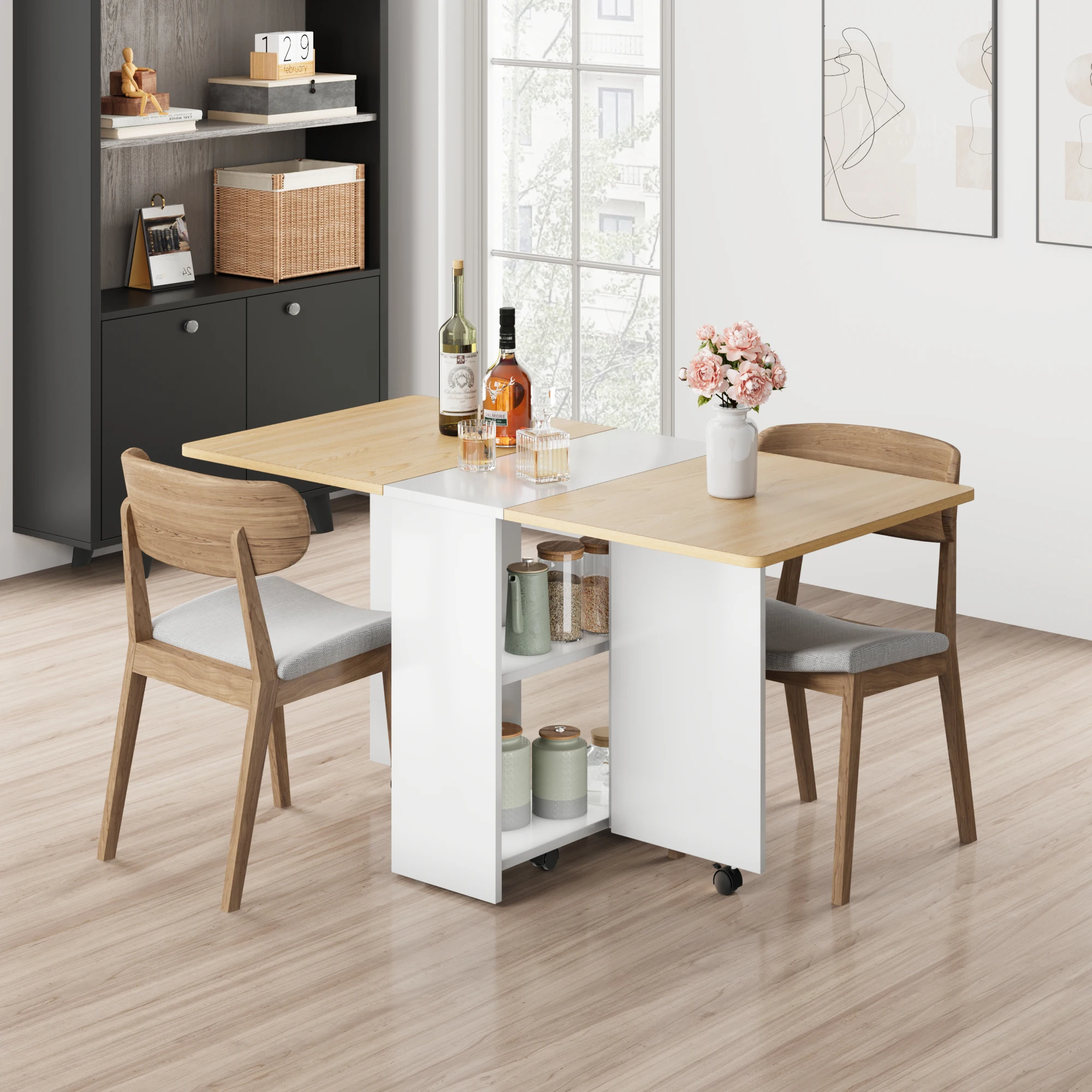 Folding Dining Table With Wheels And 2 Tier Storage Shelves, Drop Leaf Kitchen Table For 4-6, Rolling Table For Small Spaces