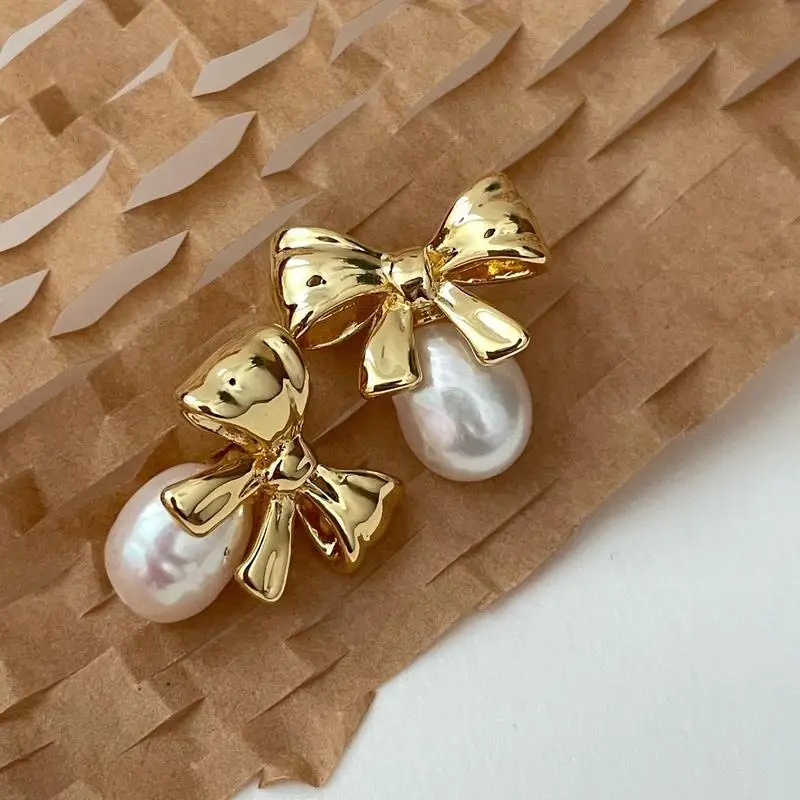 Elegant Gold-Plated Copper Silver Needle Hypoallergenic Bow Pearl Earrings for Women Girls Wholesale
