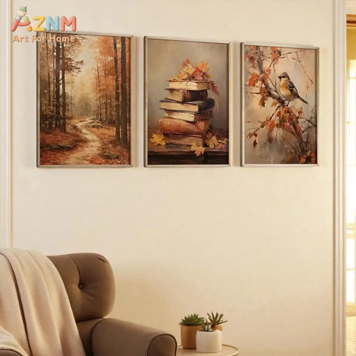 AZNM 3Pcs Vintage Autumn Canvas Wall Art, Fall Forest Old Books Bird Oil Painting Print Frameless Canvas Painting, Rustic